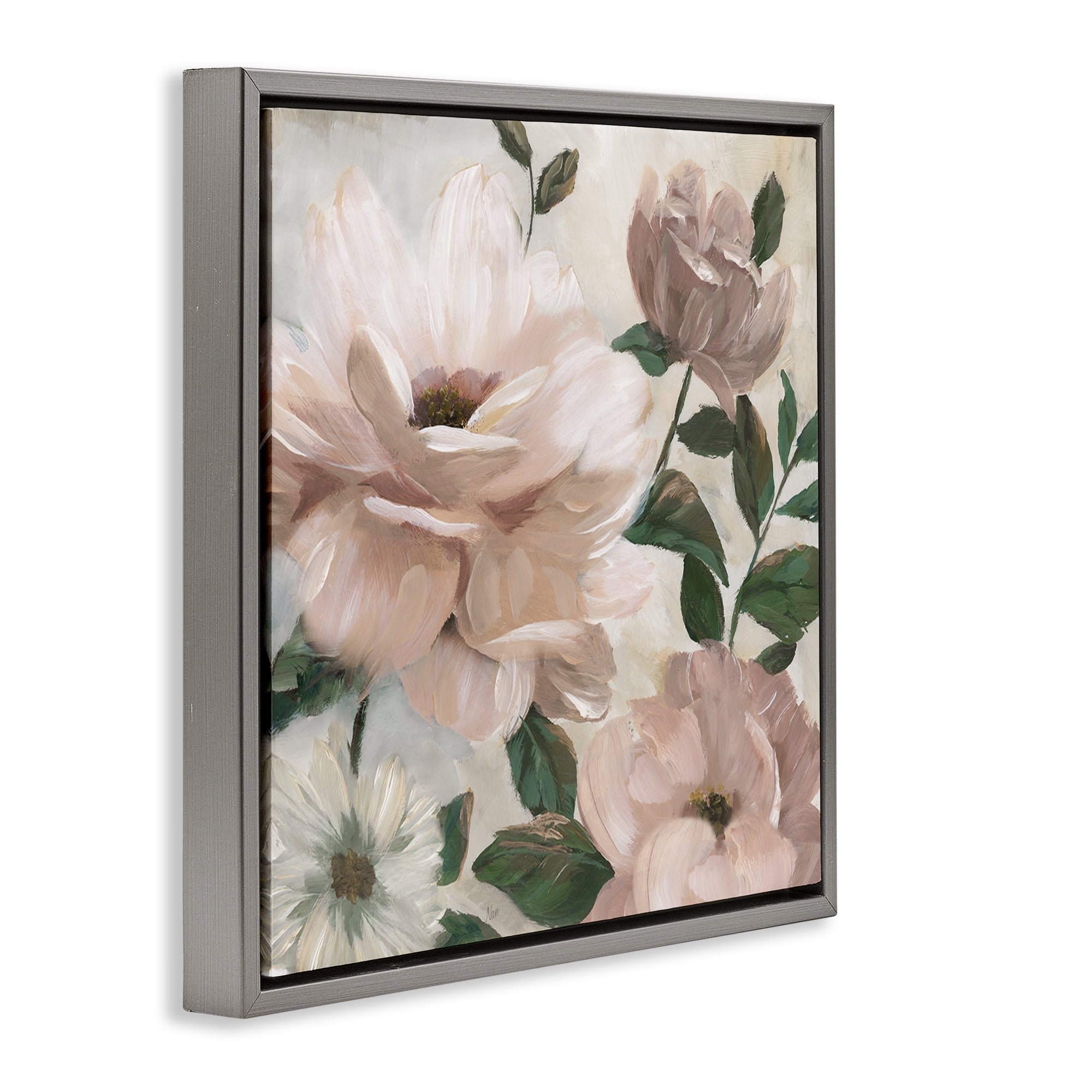 Stupell Industries Budding Blush Peonies & Leaves Gray Framed Floater Canvas Wall Art, design by Nan
