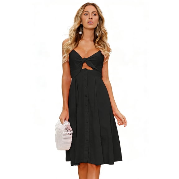 NAYAOTO Women 2026 Summer Dresses Tie Front V-Neck Spaghetti Strap Button Down A-Line Backless Swing Midi Dress
