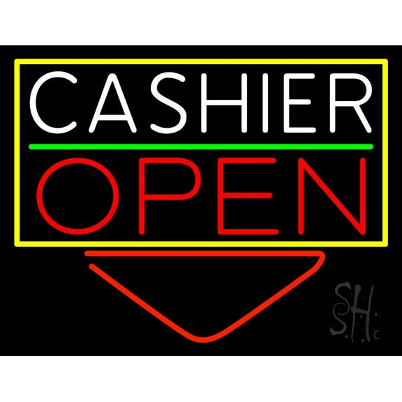 Cashier With Arrow Open LED Neon Sign 24 x 31 - inches, Clear Edge Cut Acrylic Backing, with Dimmer - Bright and Premium built indoor LED Neon Sign for Bar decor.
