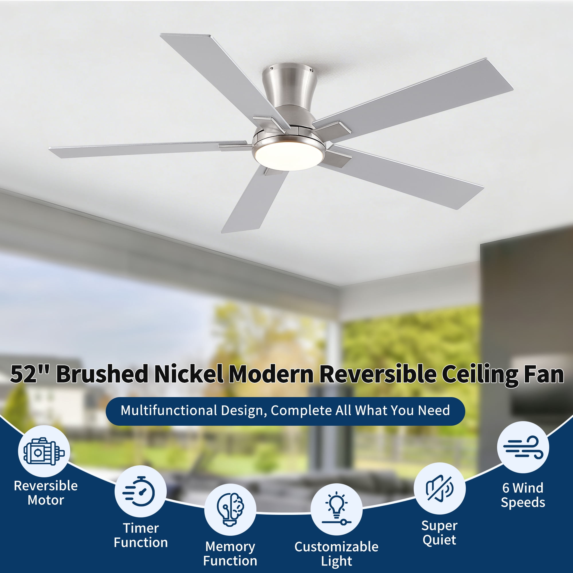 Leumius 52" Ceiling Fan with Light and Remote with Quiet DC Motor, Reversible Blades, Dimmable 3CCT LED Light for Living Room Bedroom Brushed Nickel