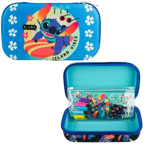 Innovative Designs Disney Stitch Pencil Case Set with Stickers and Gel Pens Molded with Zip Closure, Blue