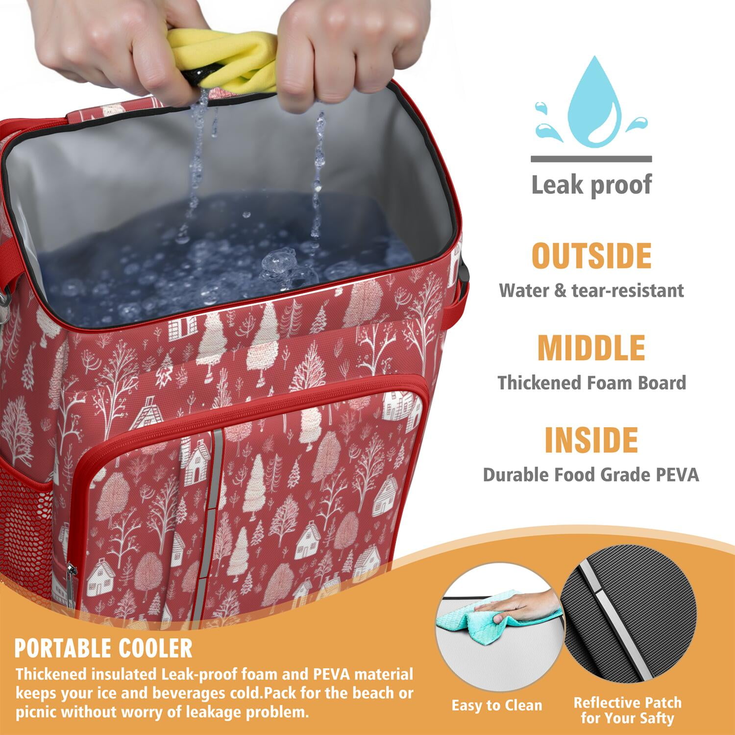 Travel Cooler Bag - Red Christmas Village Pattern Camping Beer Cooler Backpack with Bottle Opener- Waterproof Insulated Picnic Backpacks - Cooler Bag for Beach