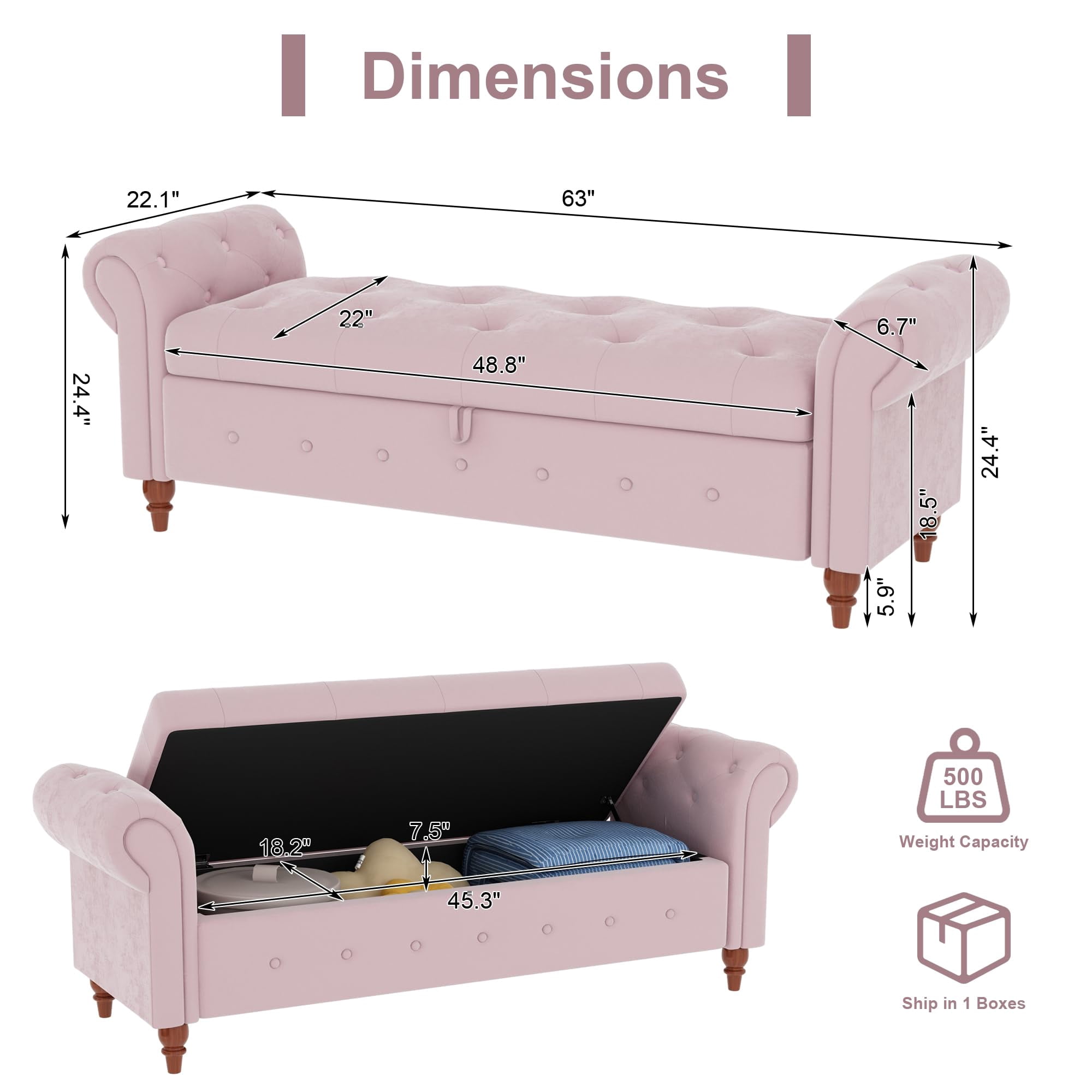 Tmsan 63" Modern Storage Ottoman Bench, Bedroom End of Bed Upholstered Benches, Window Footrest Stool,for Living Room, Entryway, Pink (Velvet)