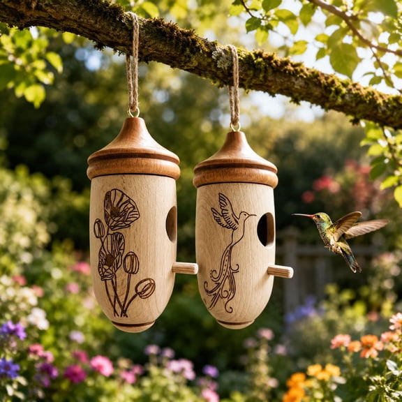 3PCS Wooden Hummingbird House for Outside Hanging,Natural Pine Hummingbirds House for Nature Lovers,Natural Hummingbird Nest with Fiber Ropes,Wild Bird Nest with Perch for Porch,Patio and Garden Yard
