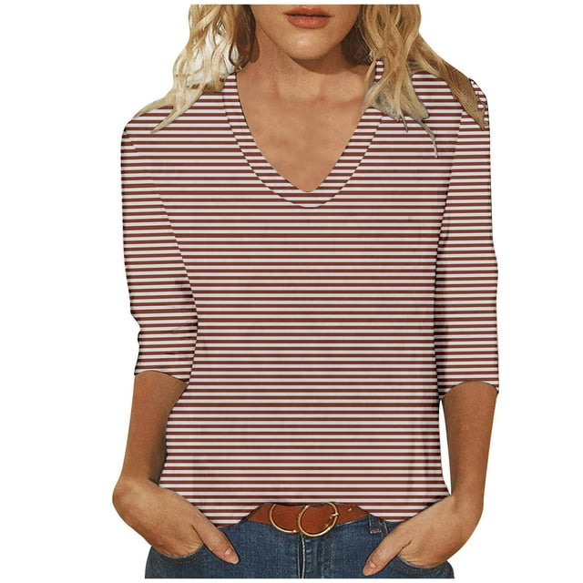 Birdeem T-Shirt Décontracté Imprimé Col en V Manches 3/4 pour Femmes Haut Ample