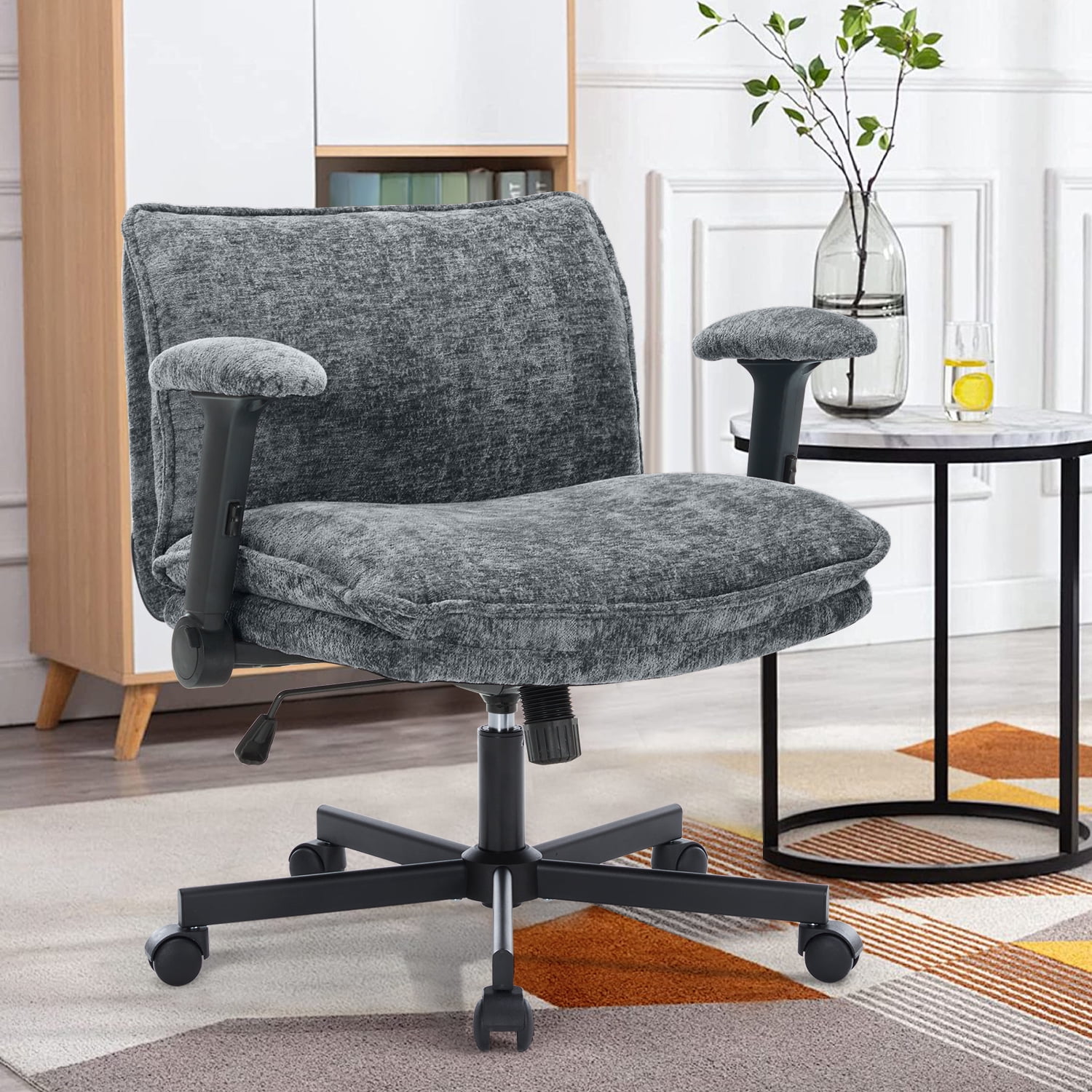 Criss Cross Chair with Wheels and Adjustable Flip-Arms, Cross Legged Office Chair with Thick Cushion, Wide Makeup Vanity Chair, Comfy Swivel Desk Chair for Home Office, Apartment, Bedroom, Grey