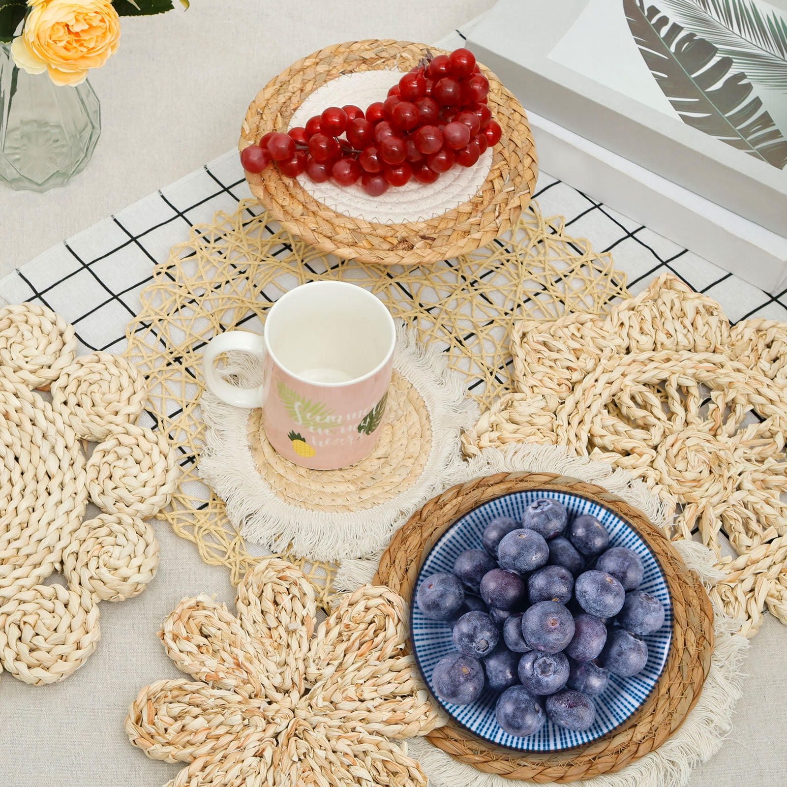 7PCS Wall Baskets Decor Bohemian Style Handmade Rattan Wicker Wall Baskets Easy to Clean Safe Basket Wall Art Versatile Hanging Woven Wall Basket Odorless Round Wall Art
