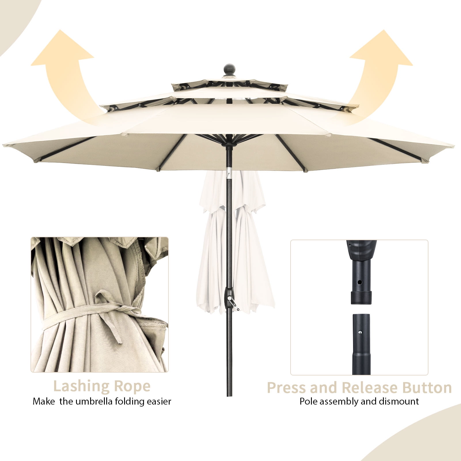 Ainfox 10ft Patio Umbrella 3 Tiers,Outdoor Table Market Umbrella w/Tilt Adjustment and Crank for Garden,Deck,Beach,Backyard,Pool,Khaki