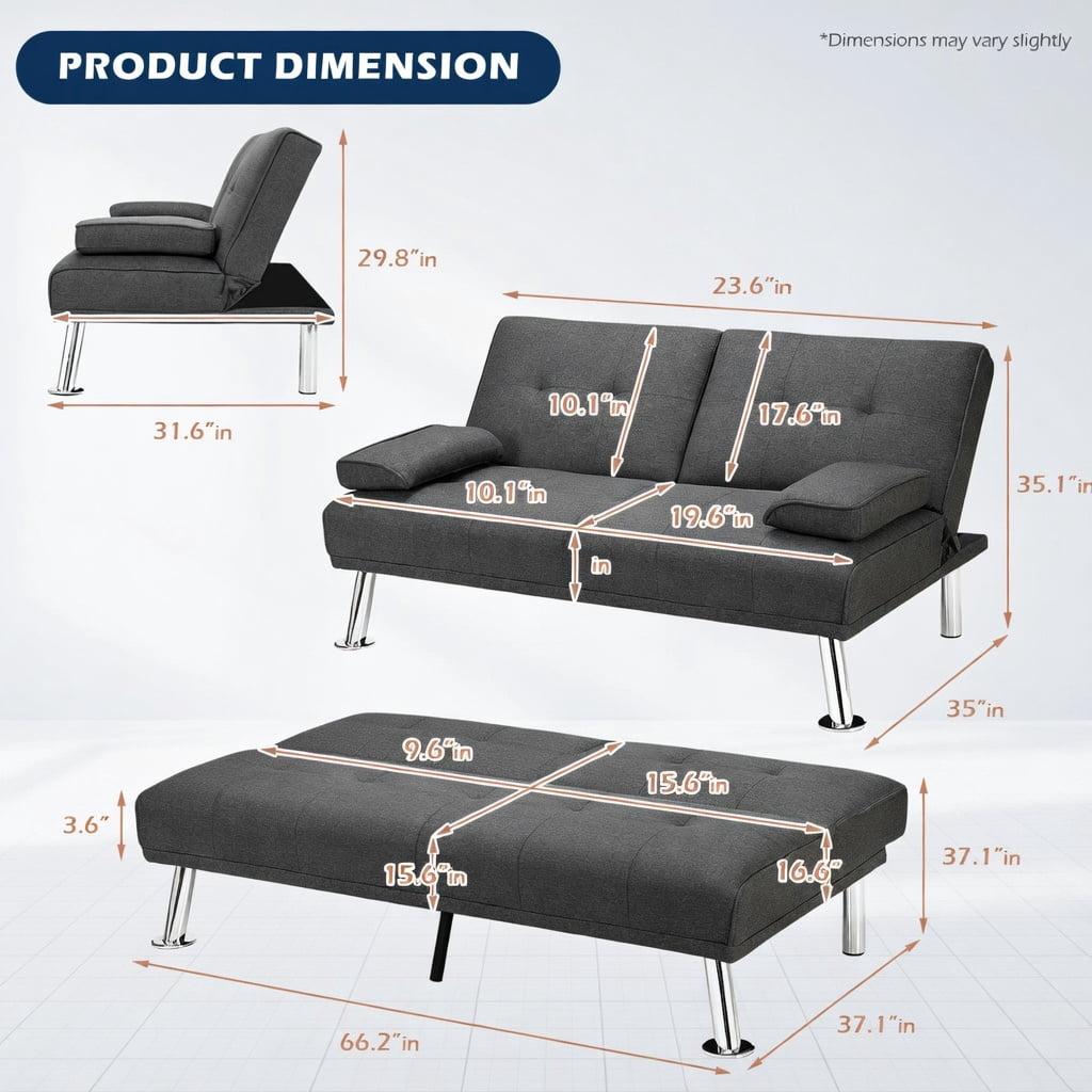 Demi Bonn Fold Sofa Bed Couch, Futon Sleeper Chair Guest Bed and Fold Out Couch, Convertible Folding Futon Sofa Bed Fabric with 2 Cup Holders, for Living Room, Bedroom, Dark Gray