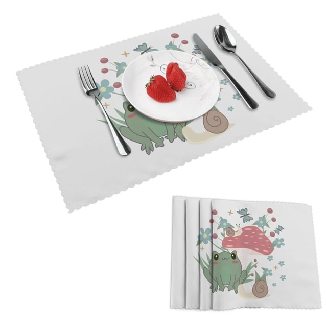DouZhe Ensemble de 4 Placemats en Polyester Motif de Champignon Cottagecore de Grenouille de Bande Dessinée Résistant à la Chaleur Place Mats pour Table à Manger, 12 x 18 Po