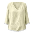 thumbnail image 4 of Qzwdhjm Linen 3/4 Sleeve Tops for Women V Neck Loose Fit Shirts with Frayed Hem Summer Fall Casual Blouses for Dailywear, 4 of 8