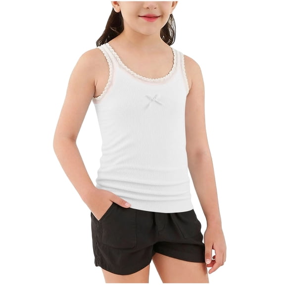 UAMVSH Girls' Tank Tops Lace Trim Casual Sleeveless Camisole Toddler Kids Bow Tie Front Crewneck Tees Cute Slim Fit Summer Cami