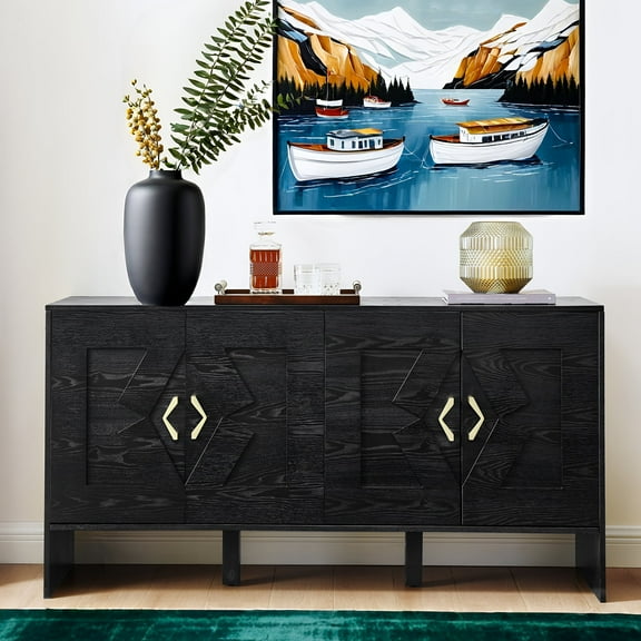 HIUU 60" Black Sideboard with Adjustable Shelves,Farmhouse Sideboard Cabinet for Living Room,Entryway Table with Storage