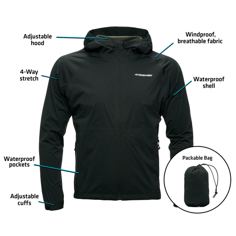 Whitewater Men's Waterproof Packable Rain Jacket, 3XL, Black