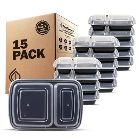 Freshware 15-Pack 2 Compartment Bento Lunch Boxes with Lids - Stackable Reusable Microwave Dishwasher & Freezer Safe - Meal Prep Portion Control 21 Day Fix & Food Storage Containers (25oz), (Tupperware Best Lunch Box Price)
