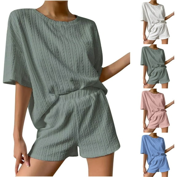 Two Piece Short Set for Women, Women's Casual Short Sleeve Solid Color Knit Pullover Sweatsuit 2 Piece Short Comfortable Loose Crewneck Suit Green M