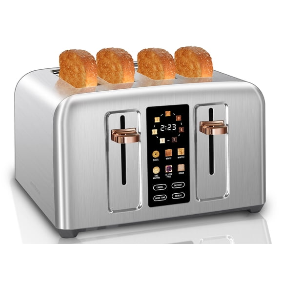 SEEDEEM tostador de 4 rebanadas, tostador de acero inoxidable y control táctil, visualización LCD, 6 tipos de pan, 7 ajustes de sombra, ranuras de 1.5 pulgadas de ancho, cancelar/descongelar