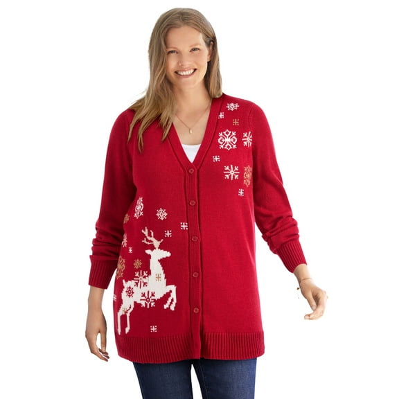 Woman Within Plus Size Holiday Motif Cardigan Sweater