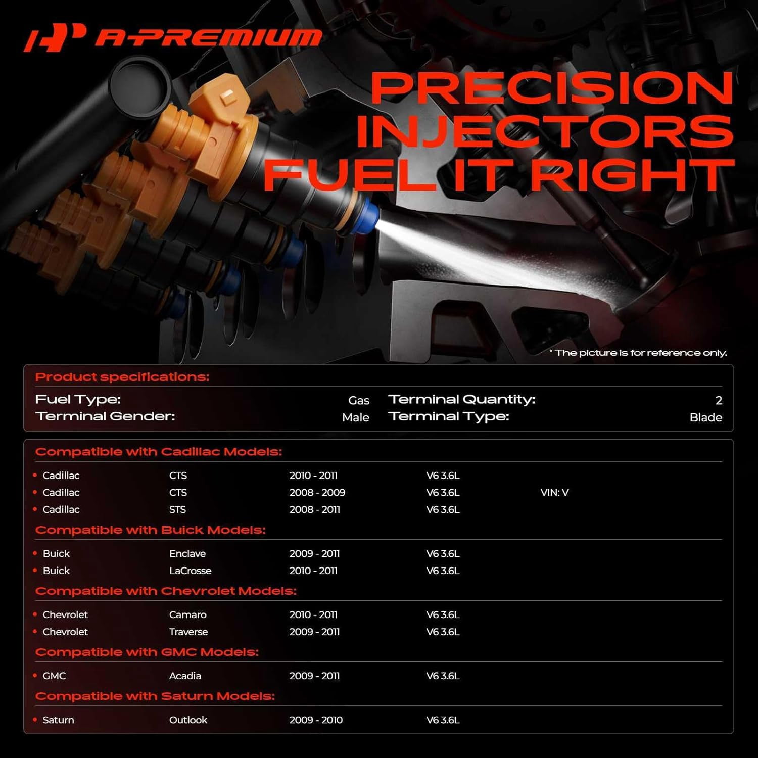 A-Premium Fuel Injectors Compatible with Chevrolet Traverse 2009-2011, Camaro 2010-2011 & GMC Acadia 2009-2011 & Buick Enclave 2009-2011, LaCrosse 2010-2011 & Cadillac CTS/STS, 3.6L, Set of 6