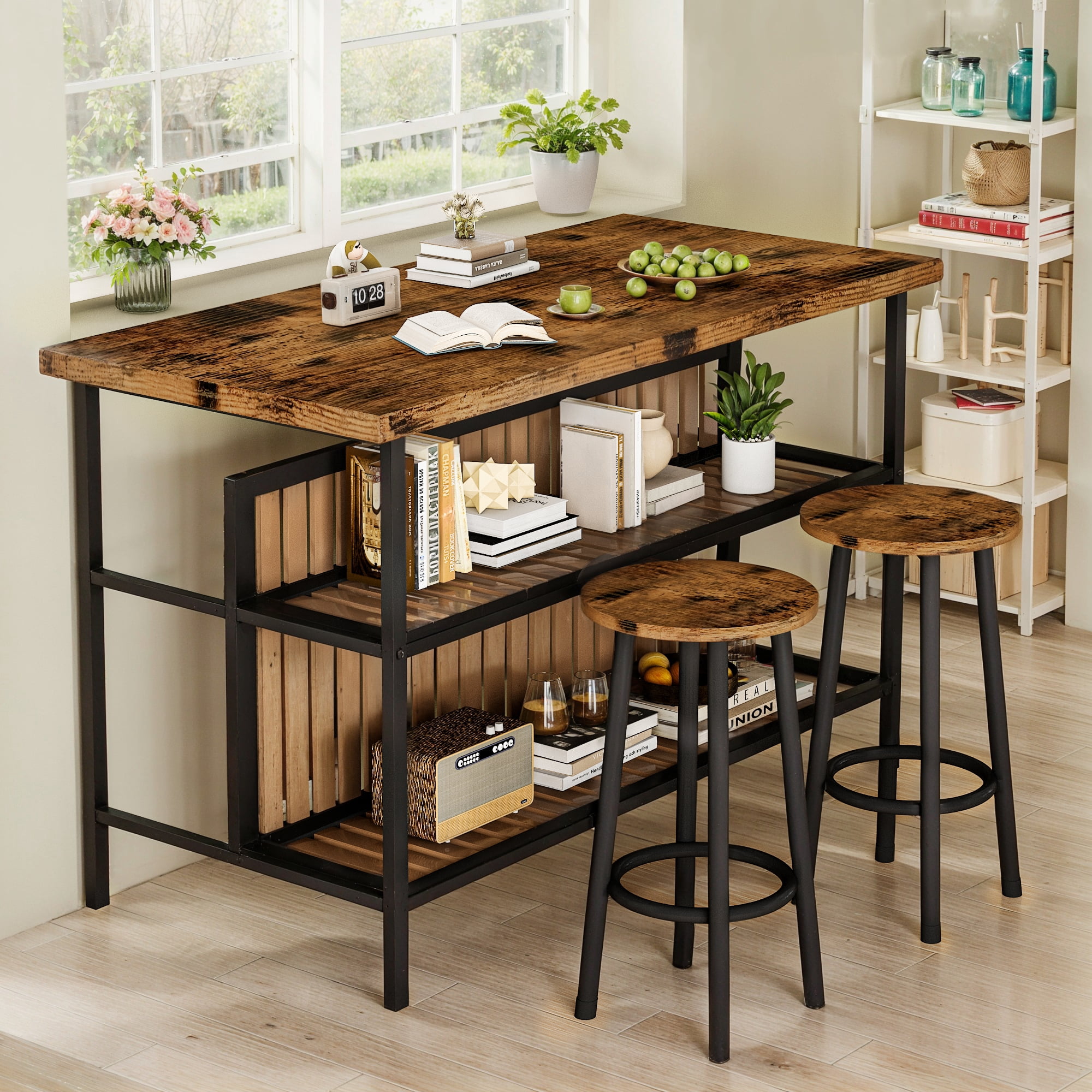 Cvortll Kitchen Island with Seating and Storage, 47.2" Wooden Counter Height Bar Table with 2 Stools, Space Saving Dining Table Set for Small Apartment or Bistro, Brown