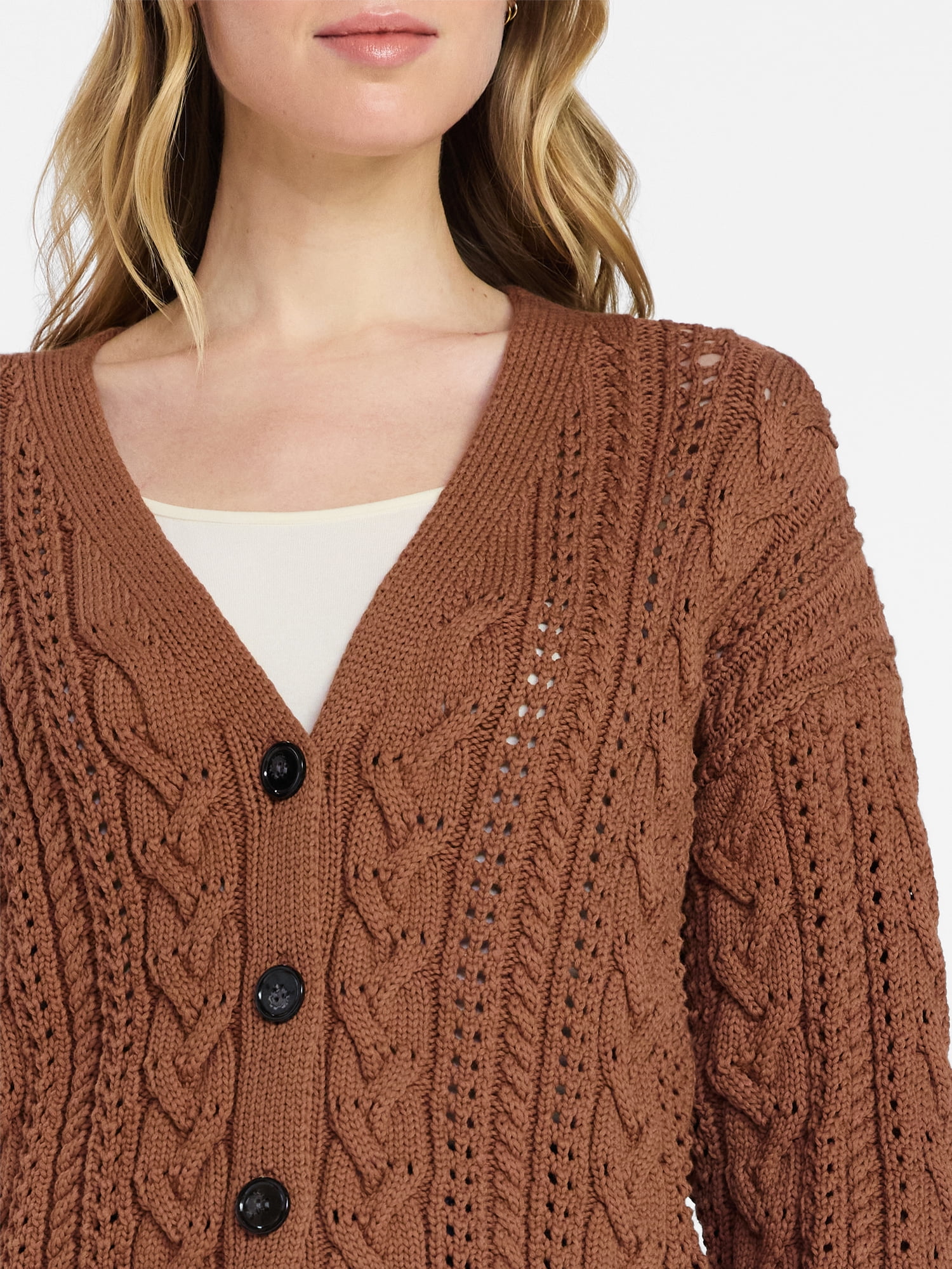 Time and Tru Women's Cable Knit Cardigan Sweater with Long Sleeves, Lightweight, Sizes XS-XXXL