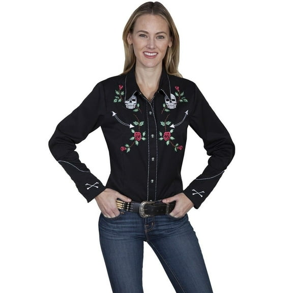 Scully Women's Skulls And Roses Embroidered Long Sleeve Western Snap Shirt - PL-771 XX- US