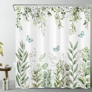Sage Green Leaf Shower Curtain for Bathroom, Watercolor Plant Eucalyptus Leaves and Blue Butterfly Fabric Shower Curtain with Hooks, Farmhouse Pink Floral Bathroom Curtains Shower Set, 69x70 inches