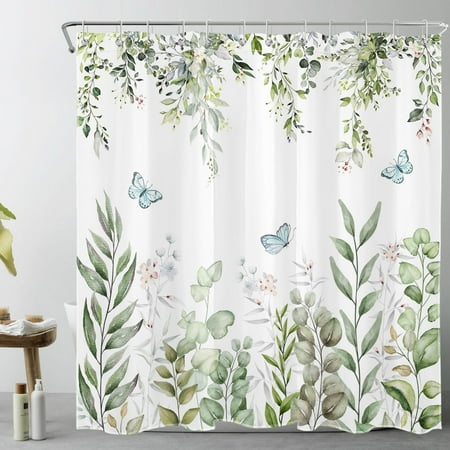 Sage Green Leaf Shower Curtain for Bathroom, Watercolor Plant Eucalyptus Leaves and Blue Butterfly Fabric Shower Curtain with Hooks, Farmhouse Pink Floral Bathroom Curtains Shower Set, 69x70 inches