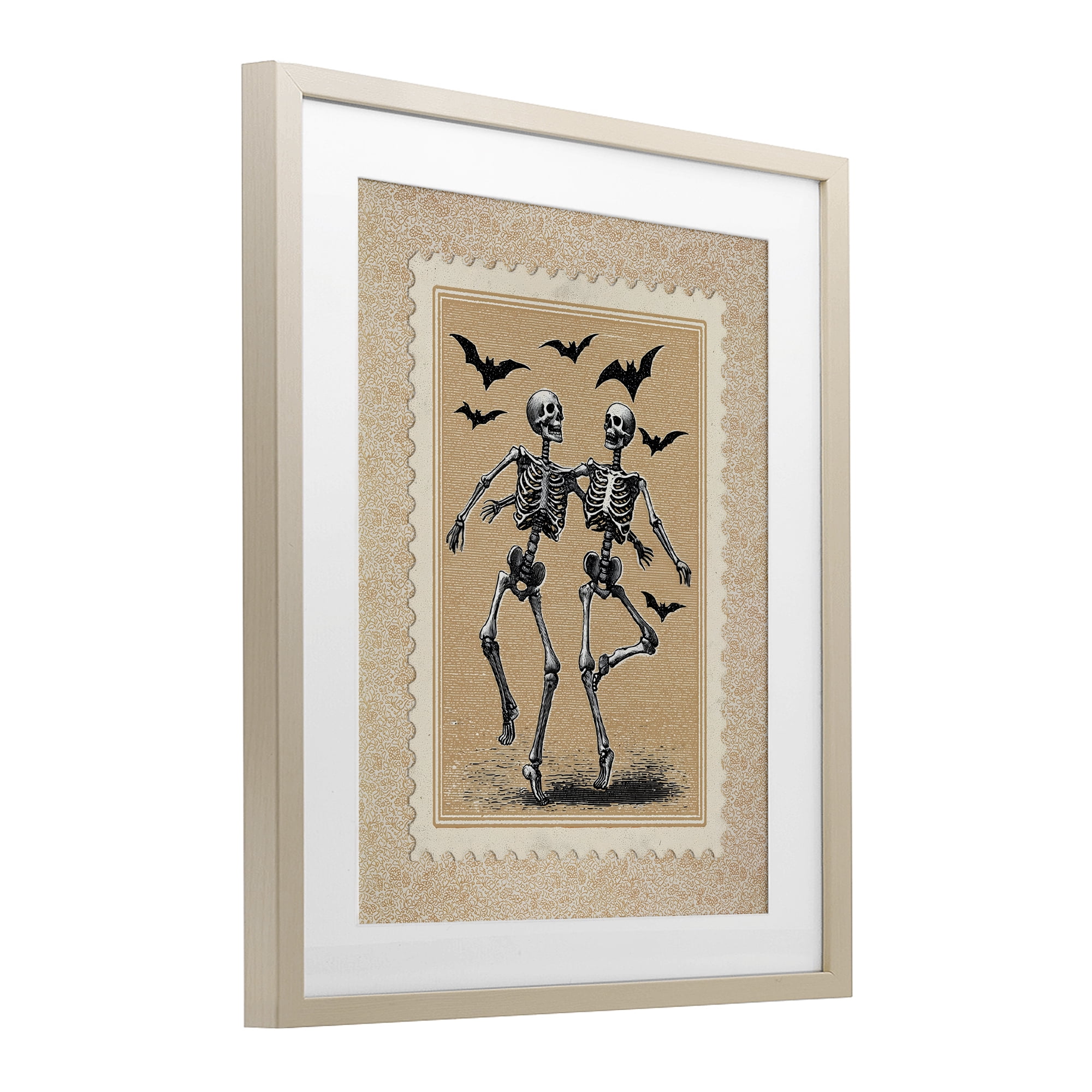 Vintage Dancing Skeletons Stamp Birch Framed Print Under Glass, design by Arlington Prints