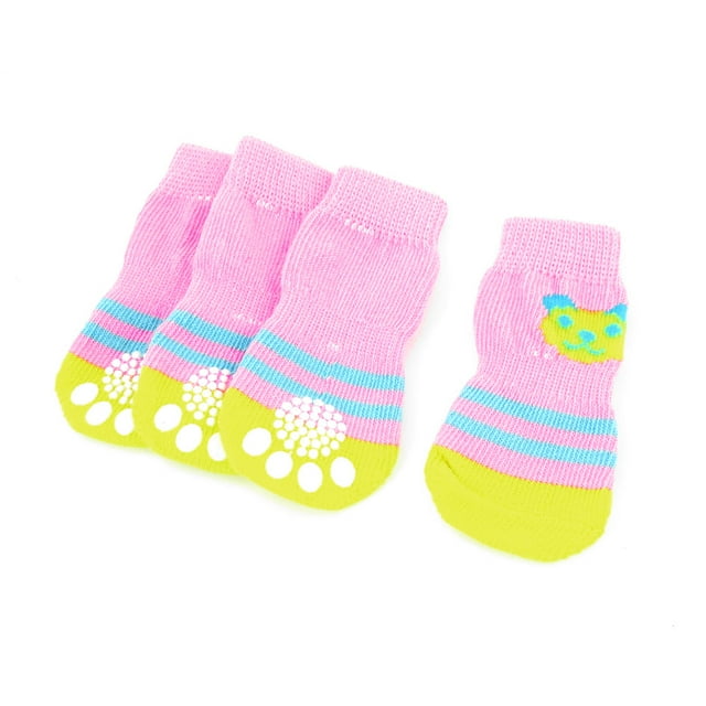 2 Pairs Anti Slip Design Stretchy Knitted Pet Dog Doggie Socks Pink Yellow L