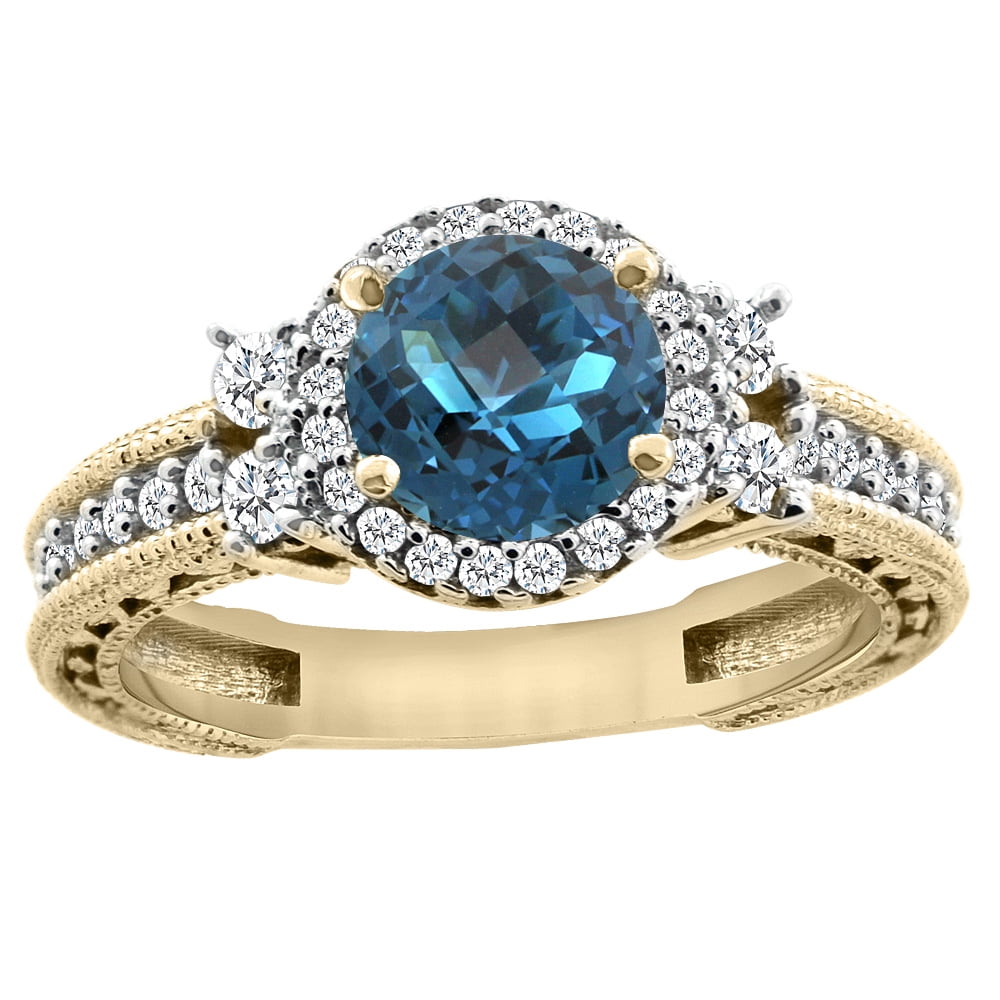 14K Yellow Gold Natural London Blue Topaz Halo Engagement Ring Round 6mm Diamond Accents, size 5 by Gabriella Gold