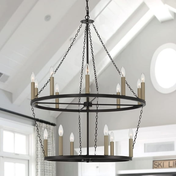 Vanity Art 16 Candle Light Style Wagon Wheel Chandelier Light Fixture | Modern Hanging Ceiling Lights Fixtures for Dining Room Living Room Bed Room, Kitchen, Classic Black/Brass Dust, SJW20516BK-BD