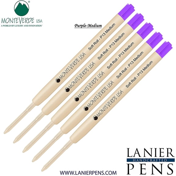 Lanier Combo Pack - 5 Pack - Monteverde SoftRoll Ballpoint P13 Paste Ink Refill Compatible with most Parker Style Ballpoint Pens - Purple (Medium Tip 0.7mm)