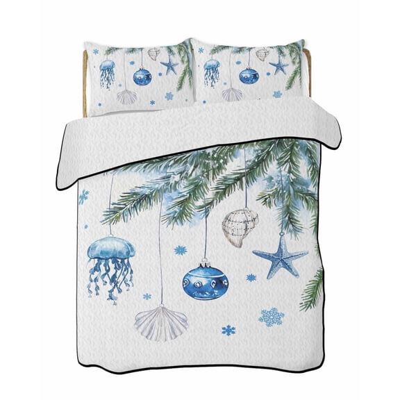 Quilts Queen Size Bedding Set, Blue Coastal Christmas Lightweight Quilted Comforter, Xmas Ball Pine Starfish Shell Snowflake Soft Bedspread Coverlet with Pillow Covers for All Season, 90" x 96"