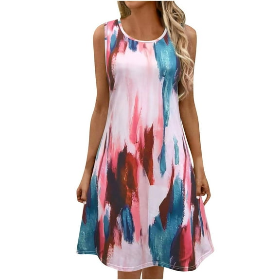 Women Dresses Bohemian Floral Sleeveless Summer Casual Beach Dress Tunic Dress for Ladies Red S