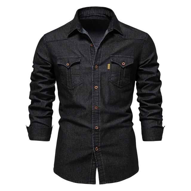 Camisa de manga larga para hombre con bolsillo y corte clásico lavado - Material duradero, diseño moderno, informal para todas las estaciones, tallas S-XXL