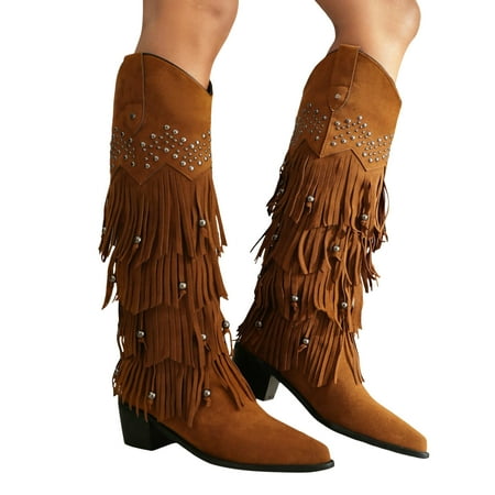 GHSOHS Cowboy Boots for Women Women s Mid Calf Boots Vintage Tassel Decoration Western Cowgirl Boots Pointed Toe Thick Heels Comfort Fall Winter Shoes Riding Boots Shoes Winter Boots Size 40