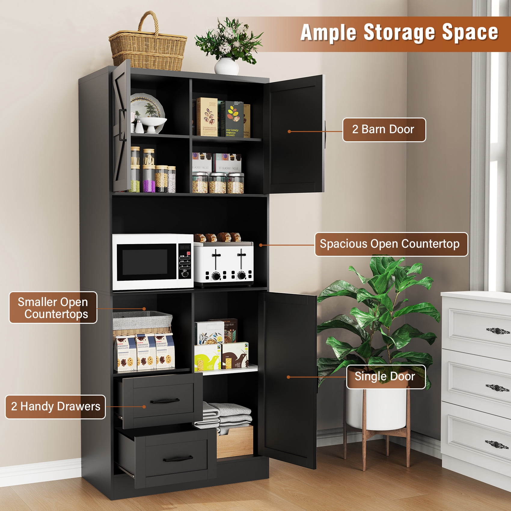 Frmobepts 68" Tall Kitchen Pantry with LED Lights, Free-standing Wood Storage Cabinet with Farmhouse Barn Doors for Dining Room, Black