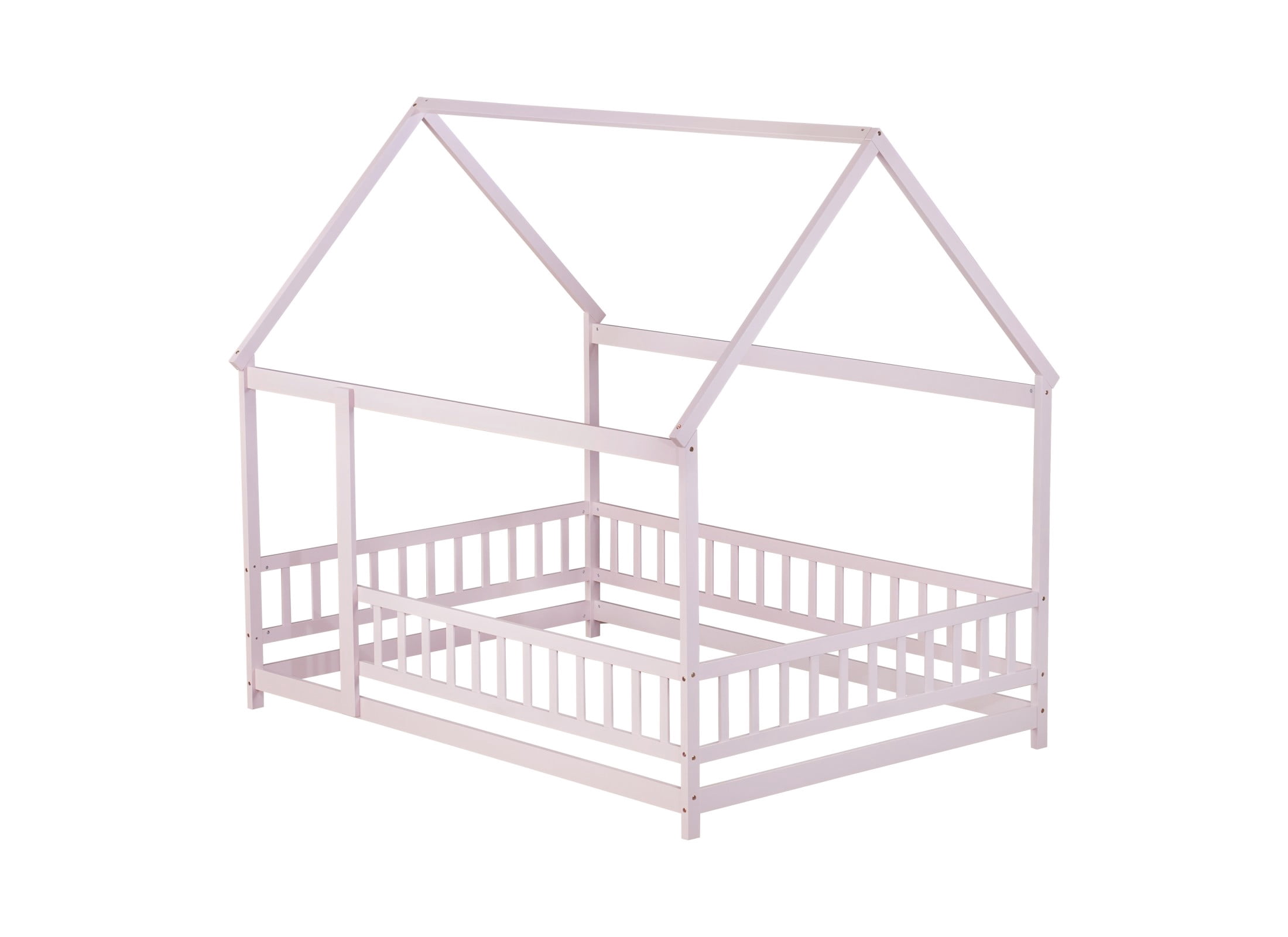 Aukfa Full Size House Bed with Roof, Wood Floor Bed Frame with Fence for Kids Toddler, Pink