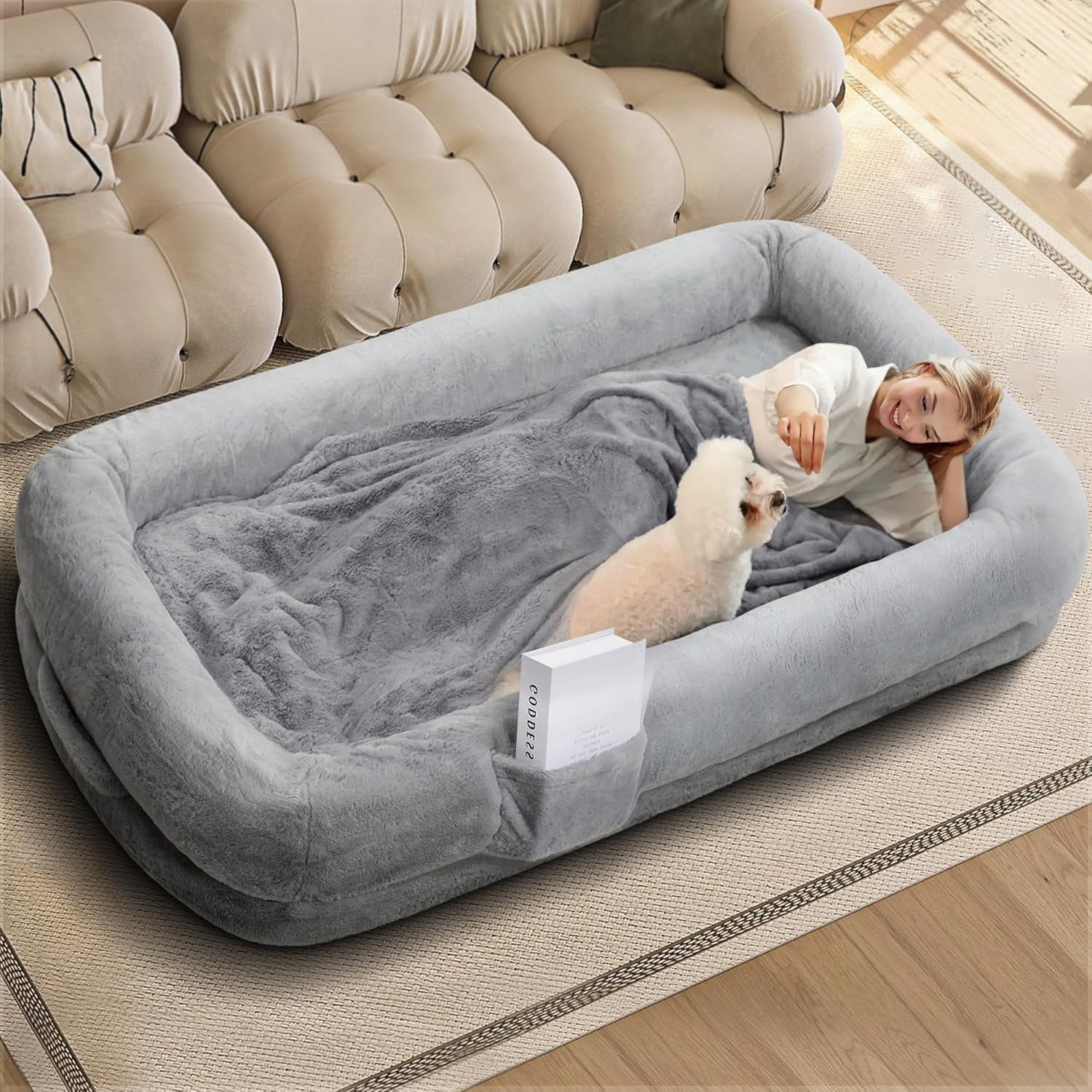 Human Dog Bed for Adults, 71 x 43 x 10, Light Grey | Large Human Pet Bed, Washable Cover, Comfy Orthopedic Design