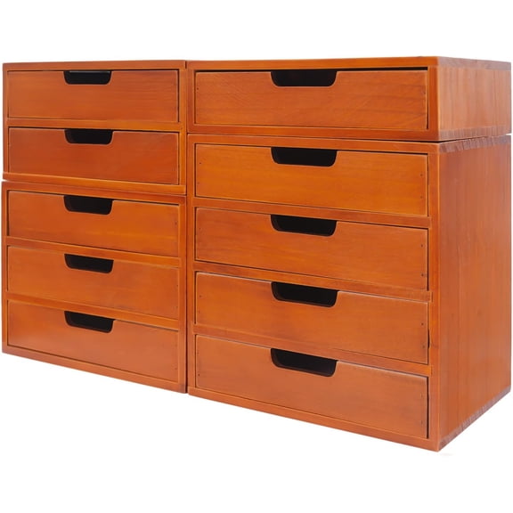 4-Pack Stackable Storage Drawers, Modern Wood Desktop Storage Organizer, 9.7”x6.6”x 9.8” Wooden Storage Cabinets Used in Home School Office, Brown