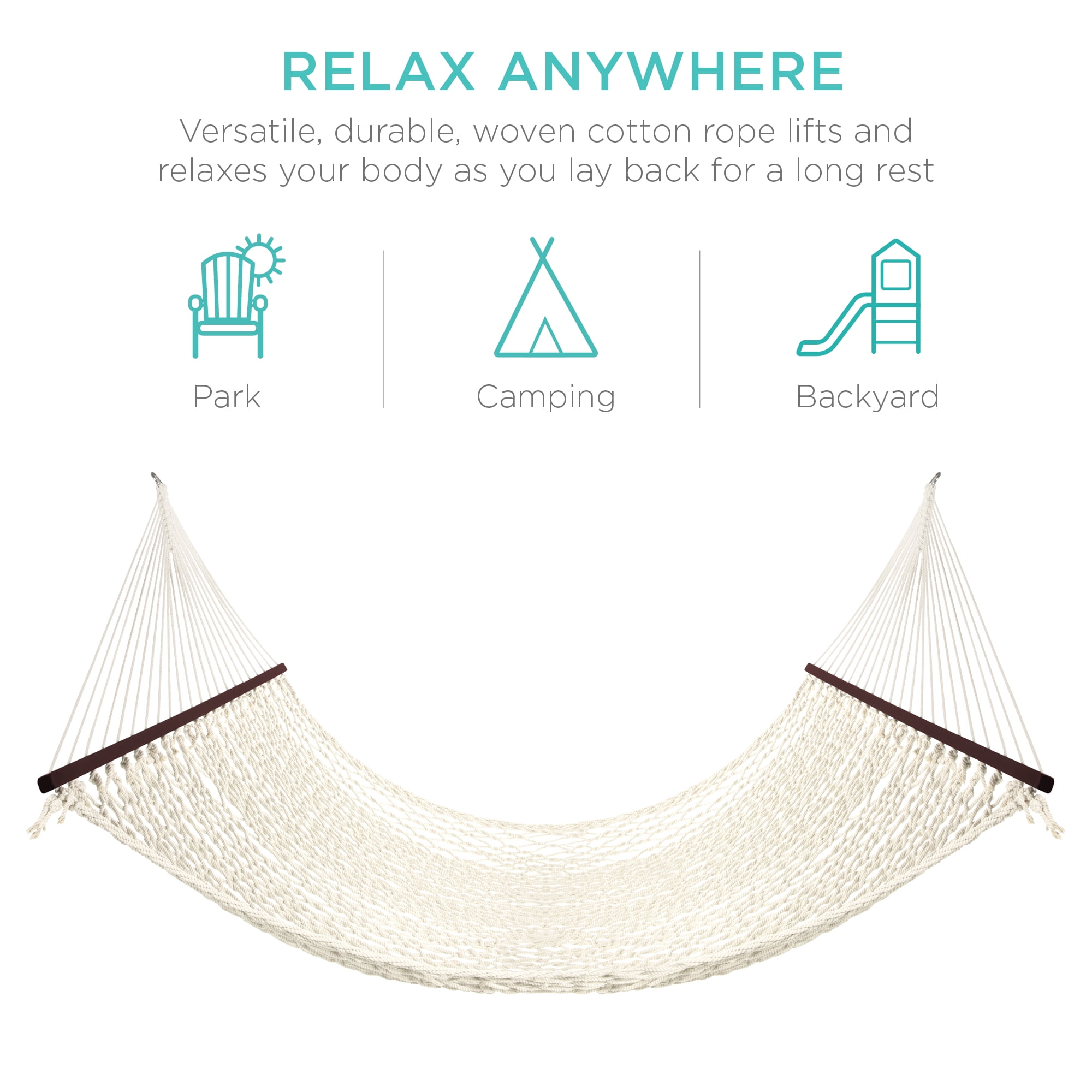 Best Choice Products 2-Person Woven Cotton Rope Double Hammock for Backyard w/ Spreader Bars, Carrying Case