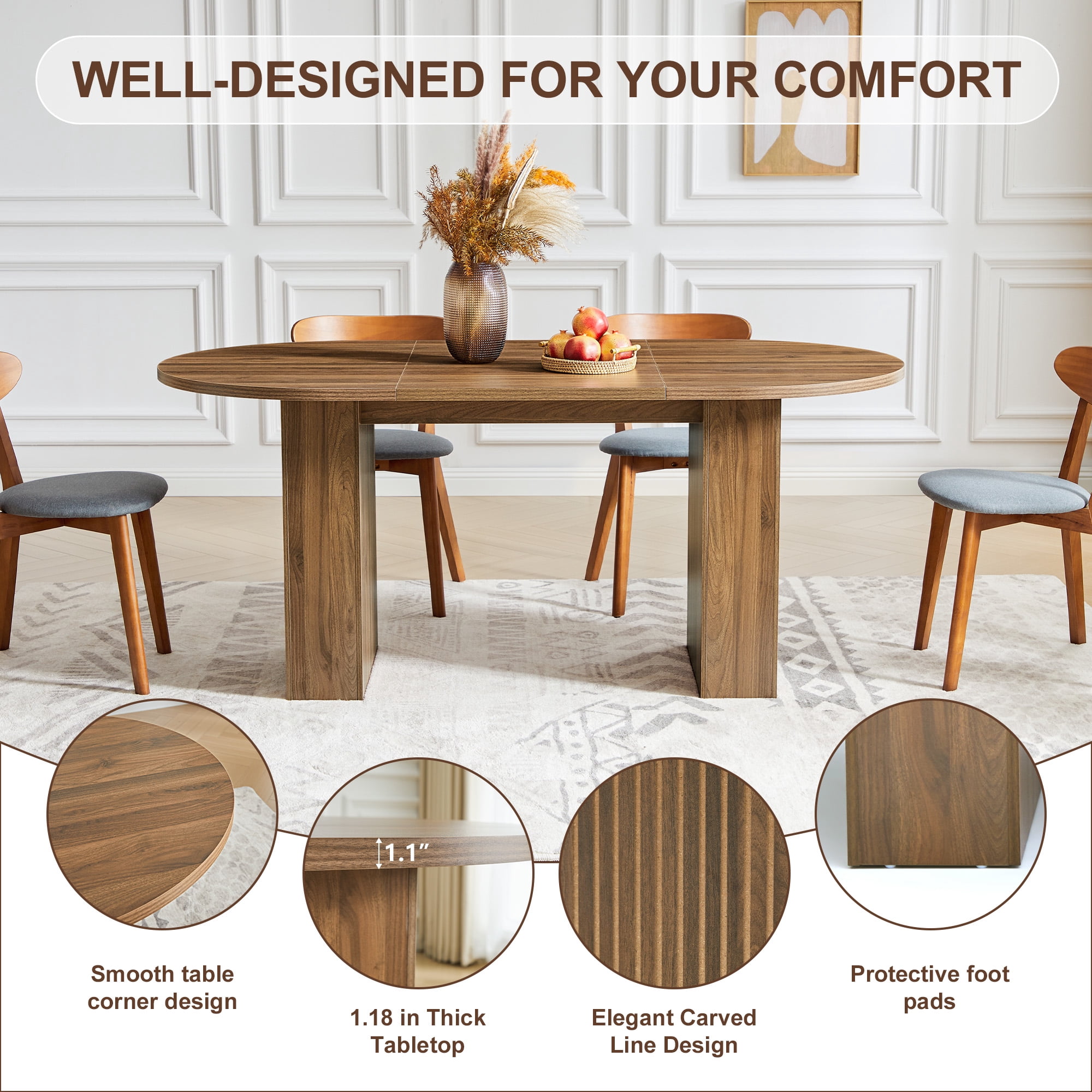 PHOYAL Walnut Oval Dining Table for 4-6 People, Large Dining Table with Arched Storage Pedestal and Carved Line, Farmhouse Double Pedestal Kitchen Table, 70.86"L, 35.43"W