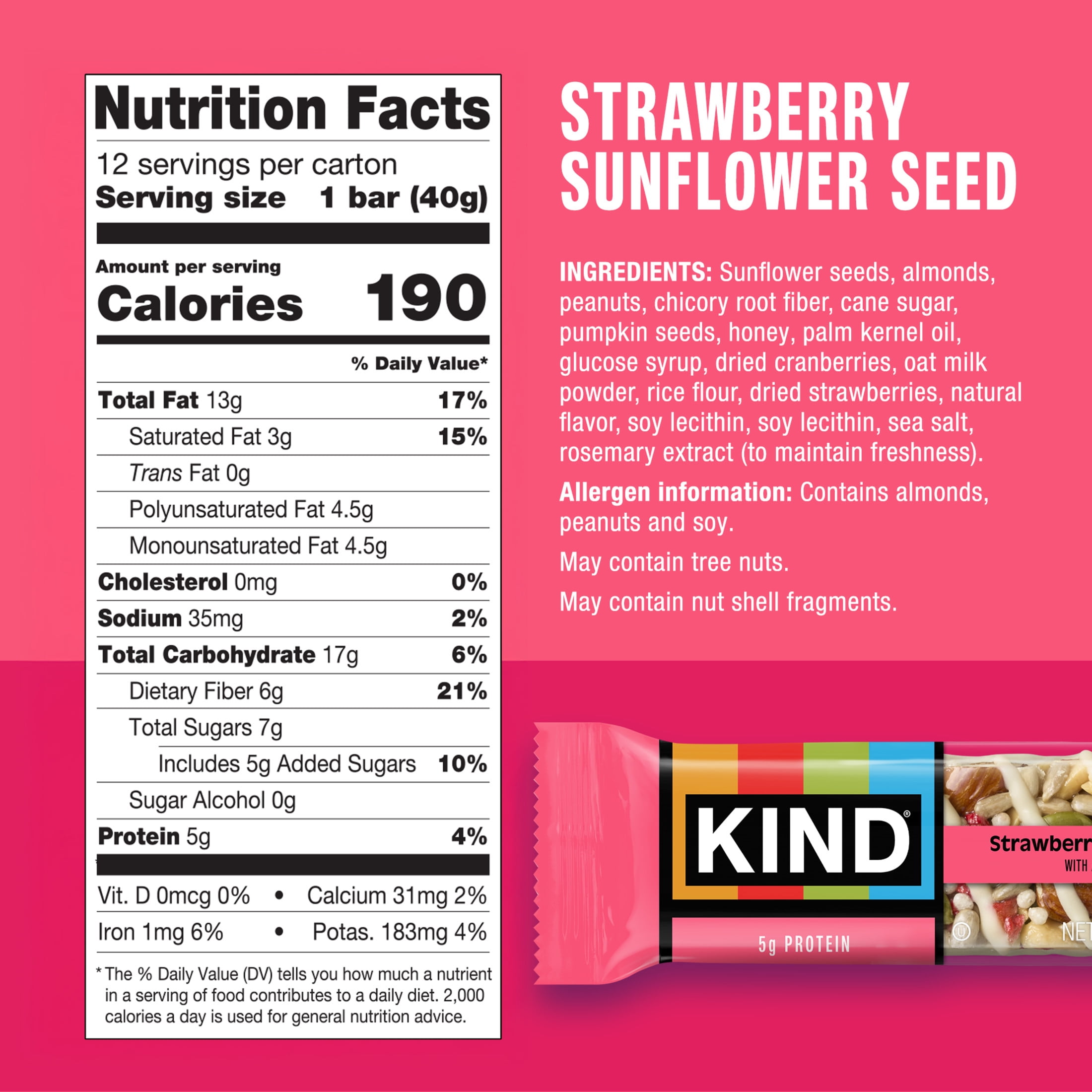 KIND Seeds Fruit & Nuts Snack Bar, Strawberry Sunflower Seed 12 Snack Bars, 1 Box