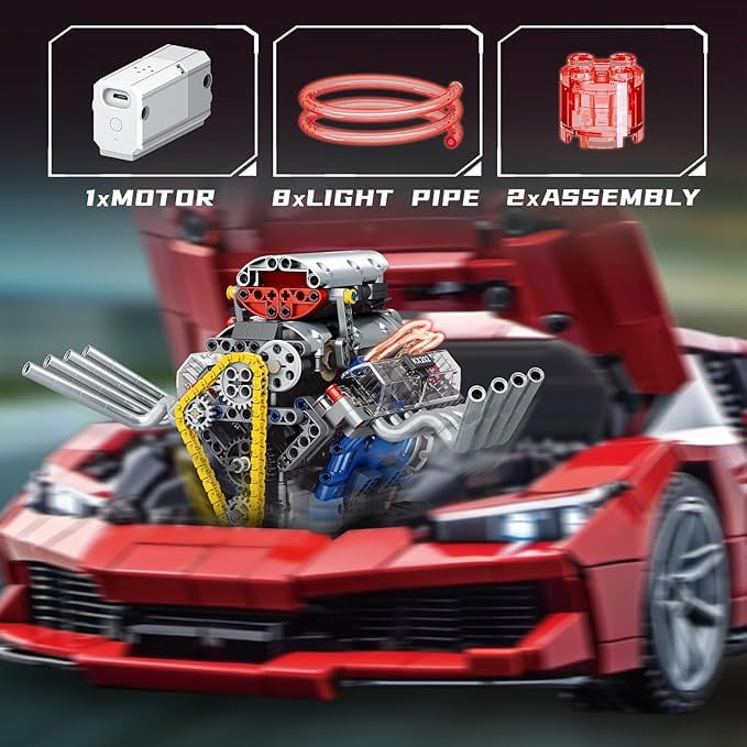 V8 Engine STEM Blocks Toy: Working Visible Car Engine Model with Motor, Lights & App Control, Build Kit for 14+, Office Bedroom Desktop Decoration