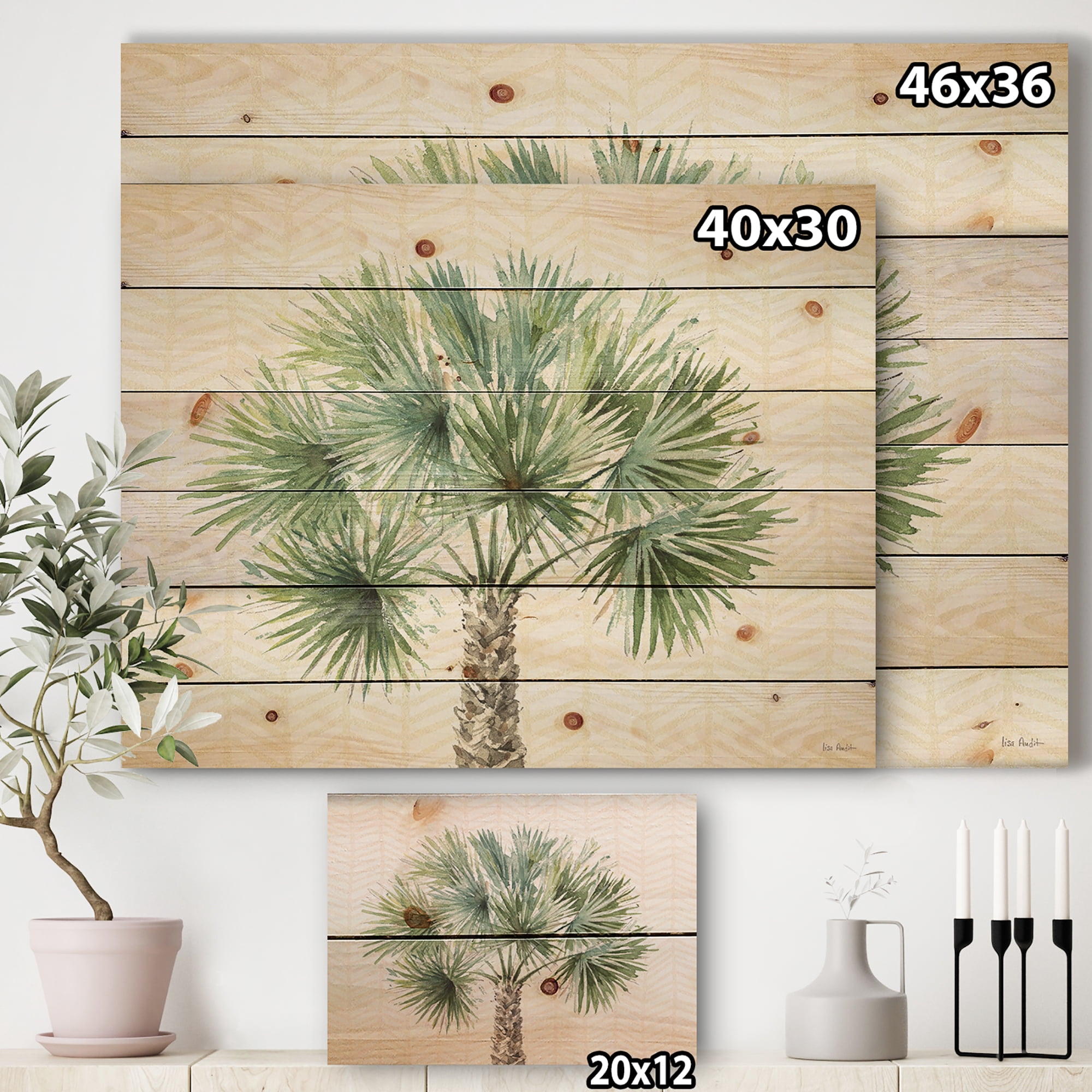 Designart 'Botanical Mixed Green Palms III' Farmhouse Print on Natural Pine Wood