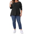 thumbnail image 2 of Camisetas de mujer de tallas grandes Agnes Orinda con costuras expuestas, abertura lateral, dobladillo alto-bajo, cuello redondo, manga larga, camiseta casual 3X negra, 2 of 6