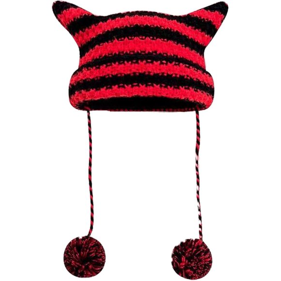 Cat Ear Beanie Y2K Striped Crochet Hats Vintage Grunge Accessories Slouchy Beanies for Women