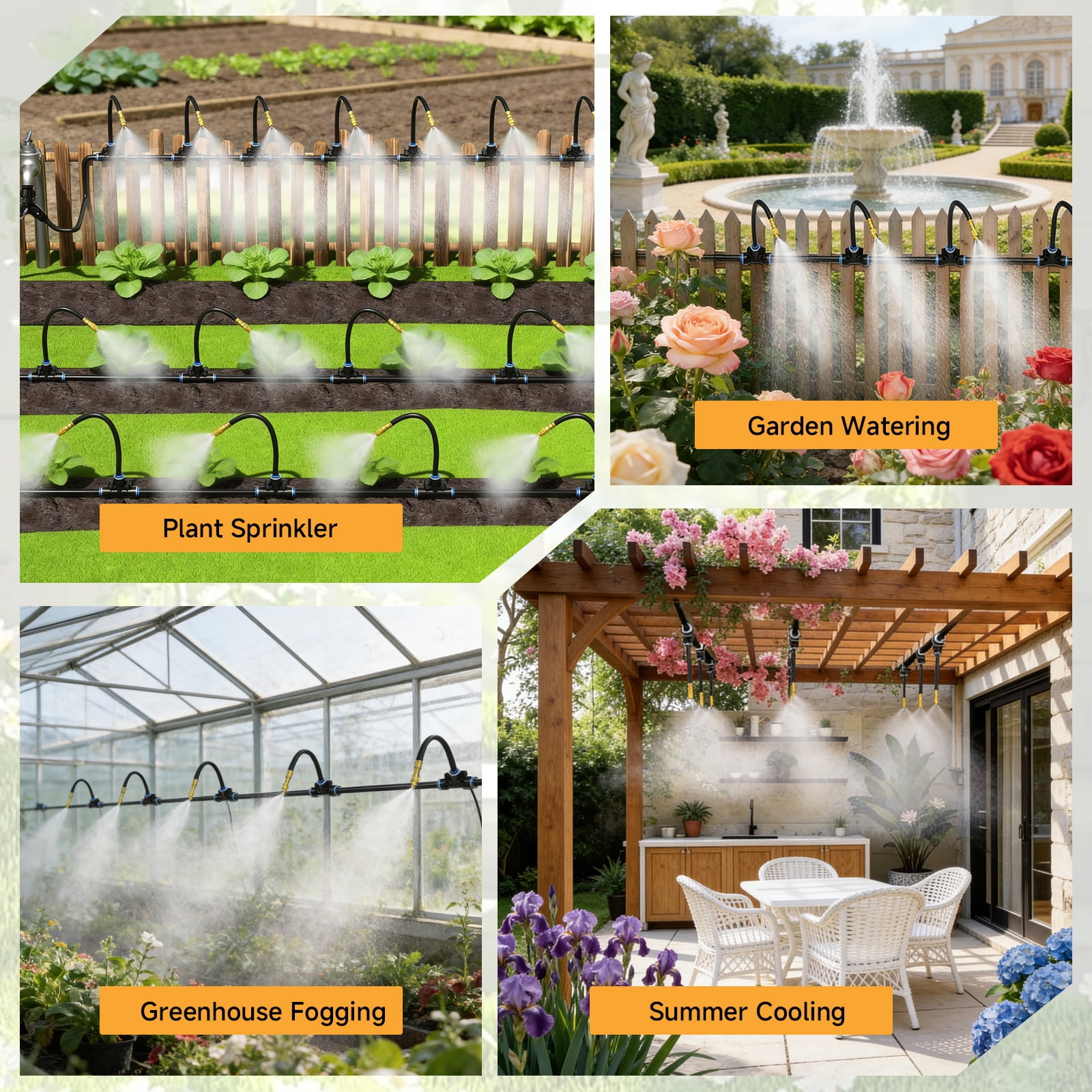 Gijjgole 100FT Garden Watering Kit with 16 Directional Sprinklers,Adjustable 360-Degree Rotating Misting Irrigation System,  16 Three-Way Connectors, Y Adapter and Hose Clamps – Ideal for Patio