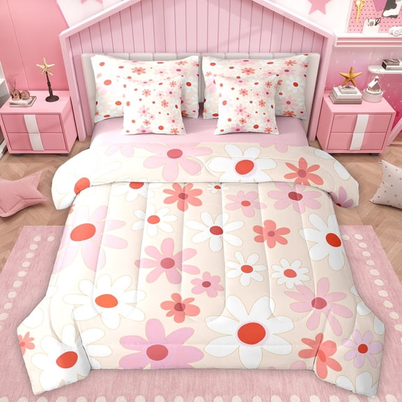 Manfei Kawaii Groovy Flower Twin Bedding Sets 7-Piece for Kids, Rustic Daisy Floral Bedding Comforter Set, Pink Cartoon Theme Reversible Sheet Sets, Super Cozy Room Decor